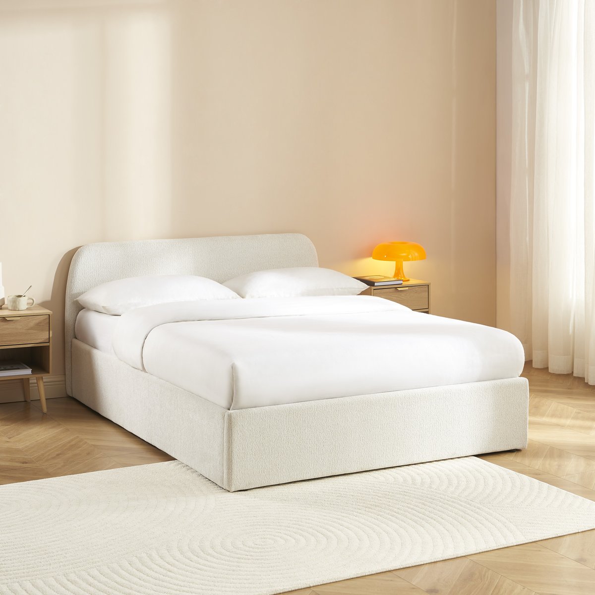 Lit coffre tissu chenille avec sommier GELA ecru, BAÏTA