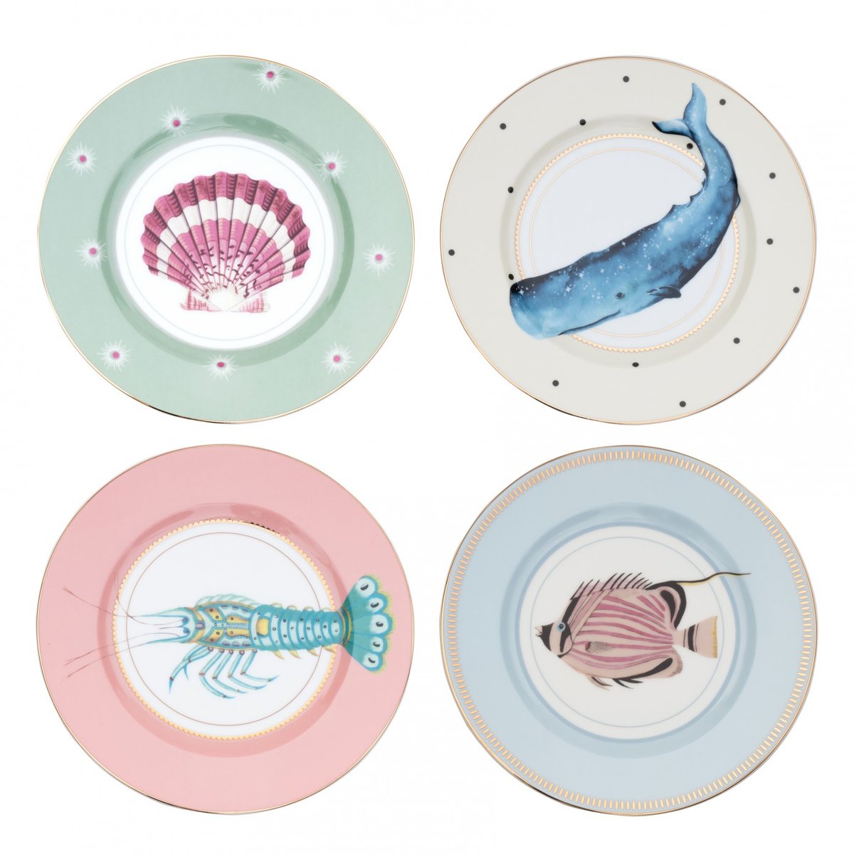 Set 4 Assiettes Animaux Marins 20cm multicolor , détails bords dorés, YVONNE ELLEN