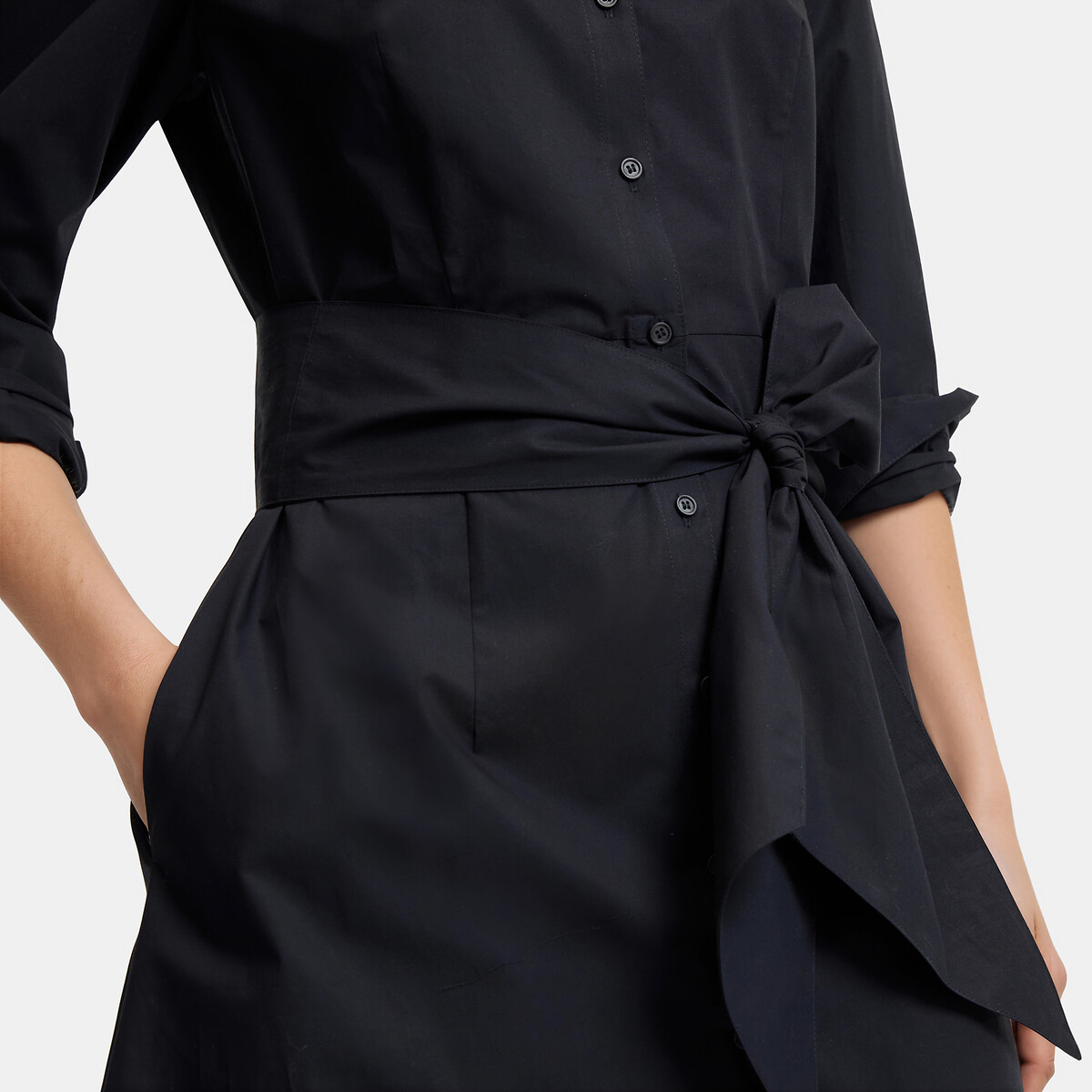 Robe chemise midi à manches longues et ceinture à nouer noir, LA REDOUTE COLLECTIONS