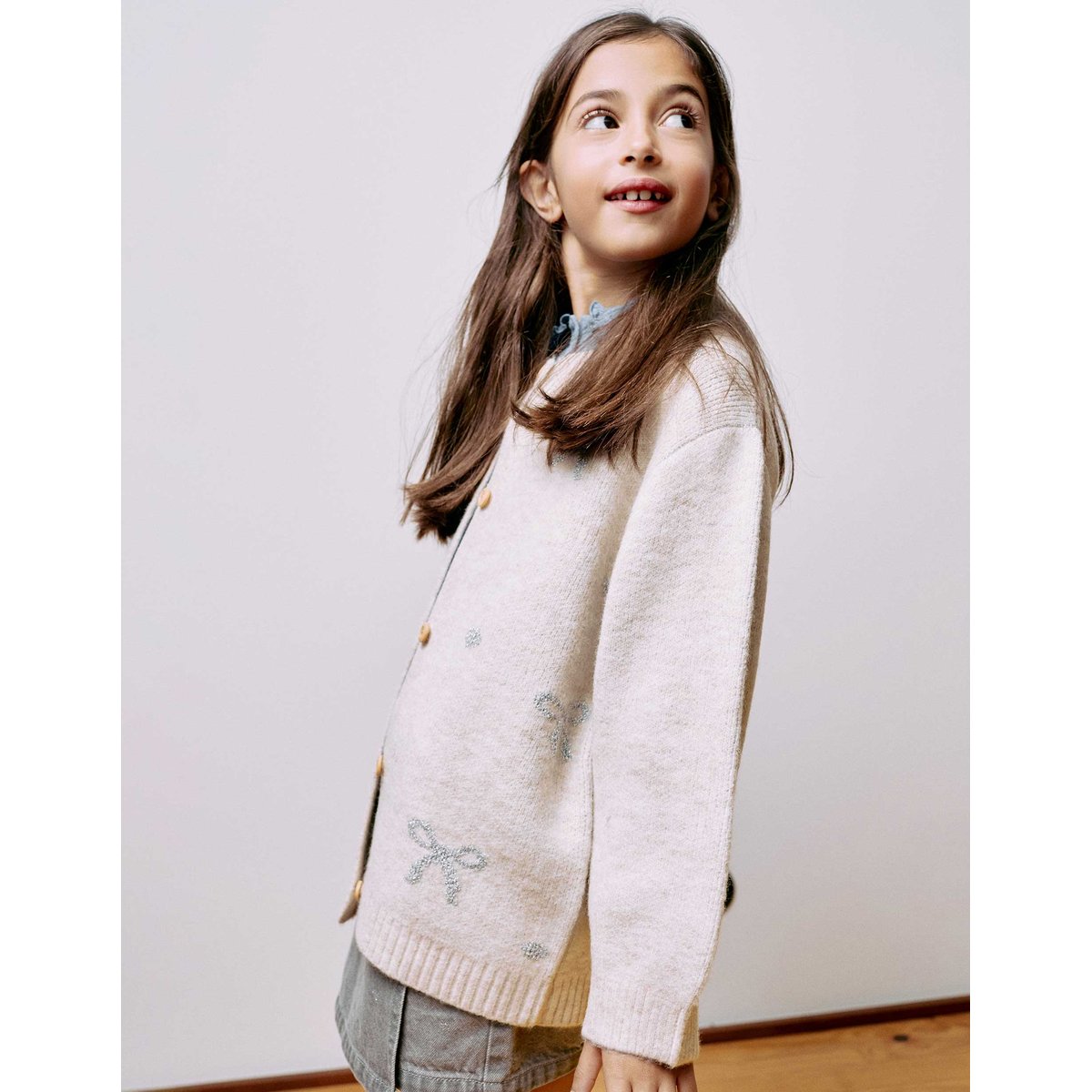 Cardigan en maille avec nœuds et pois jacquard beige clair, ZIPPY