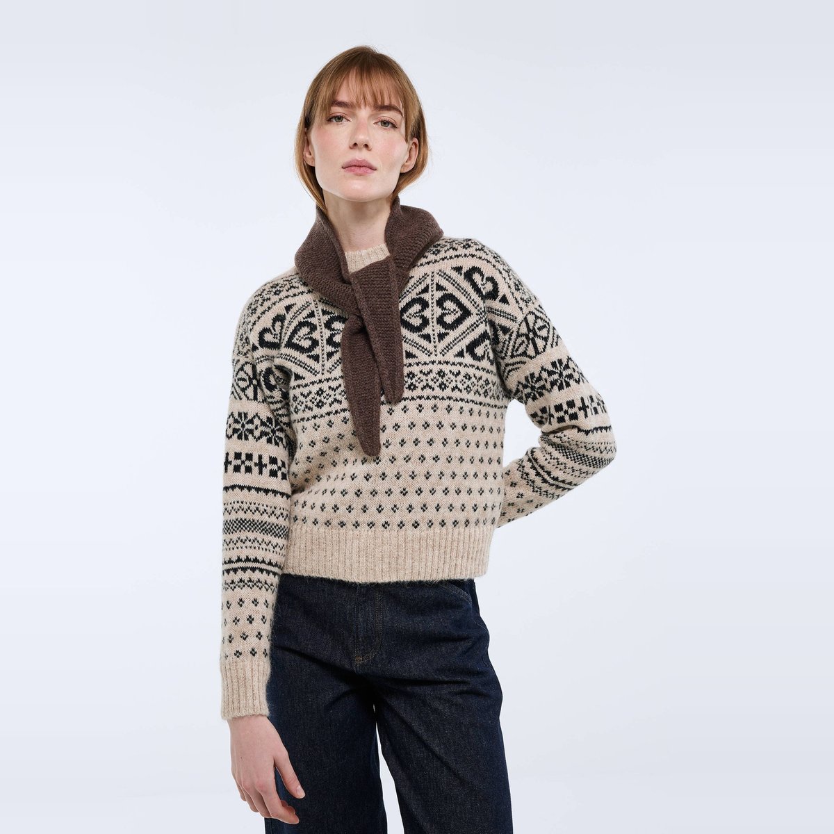 Pull en jacquard fantaisie à manches longues noir, MONOPRIX