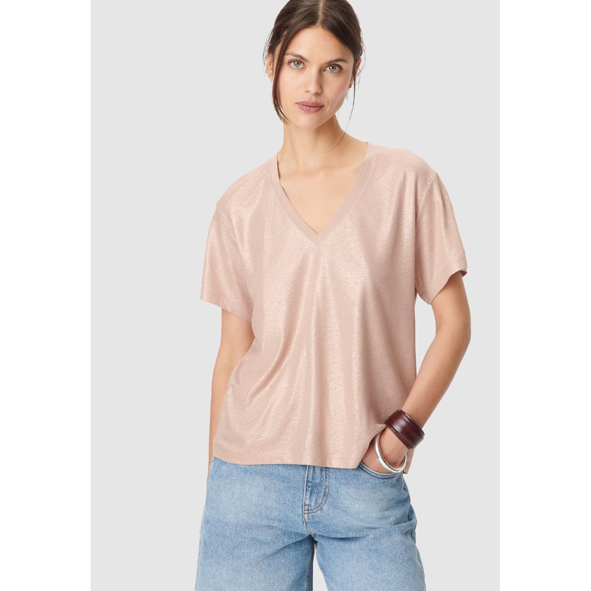 Tee-shirt col V en lin foil rose pâle, IKKS