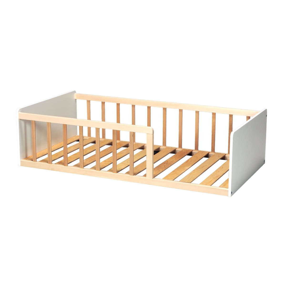 Lit enfant inspiration Montessori au sol à barreaux bicolore 90x190 naturel, TERRE DE NUIT