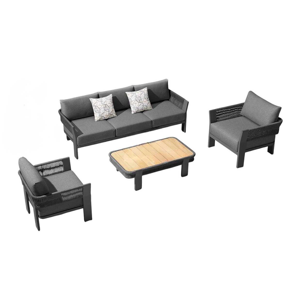 Salon de jardin 5 places en aluminium et corde tressée, OLBY gris anthracite, AU JARDIN DE CHLOÉ