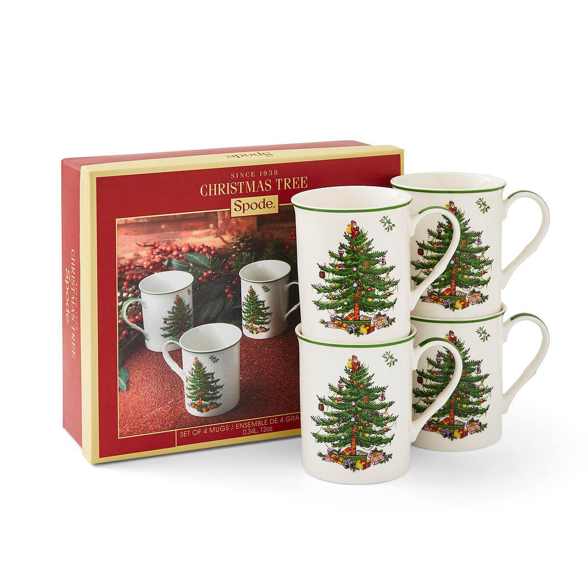 Set of 4 Christmas Tree Mugs in 340ml white, SPODE