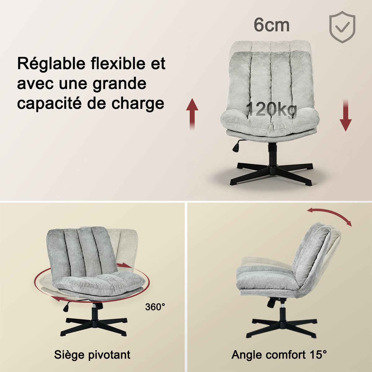 Chaise de bureau réglable et rotatif en chenille, CONFODO gris, MEUBLES COSY