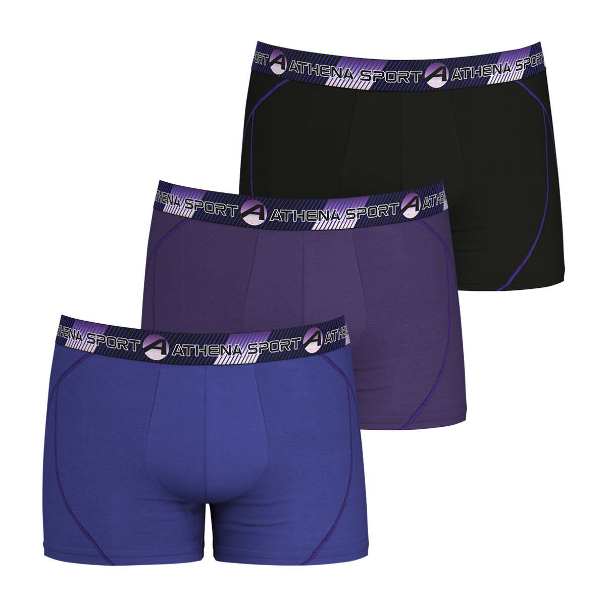 Lot de 3 boxers Training bleu + violet + noir, ATHENA