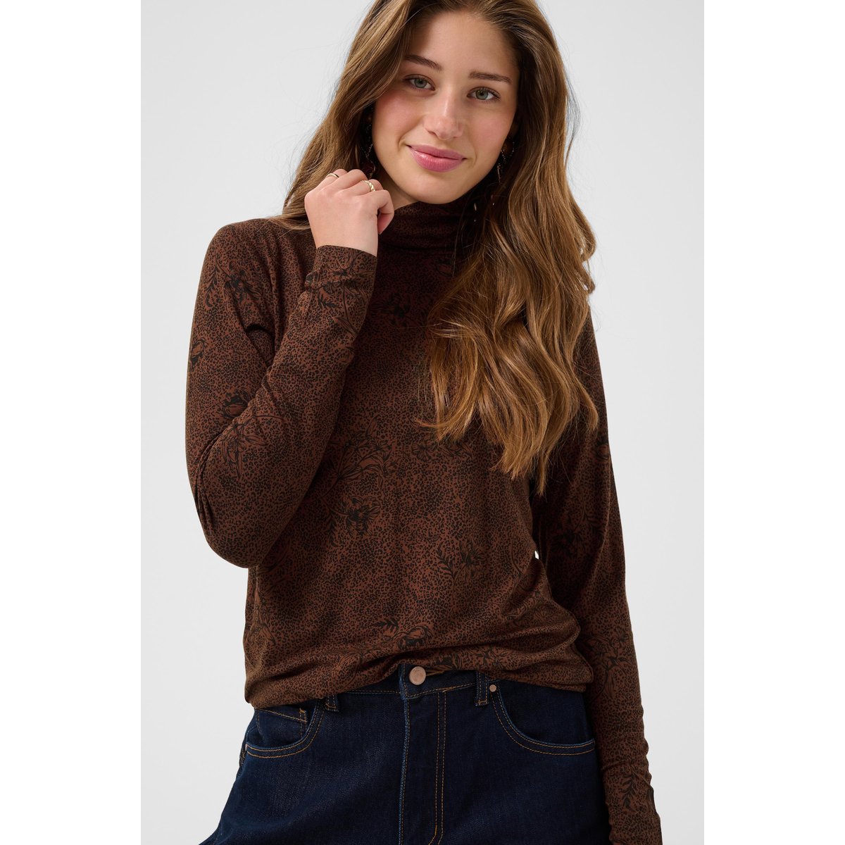 T-shirt à manches longues marron brown w black leopard, CREAM