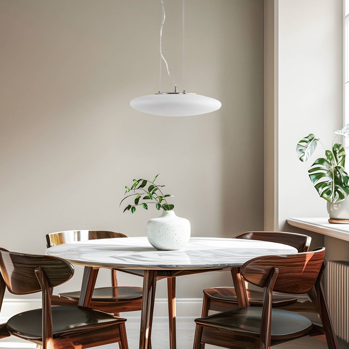 Suspension en verre moderneLED, Gunda blanc opale, chrome, nickel satiné, LINDBY
