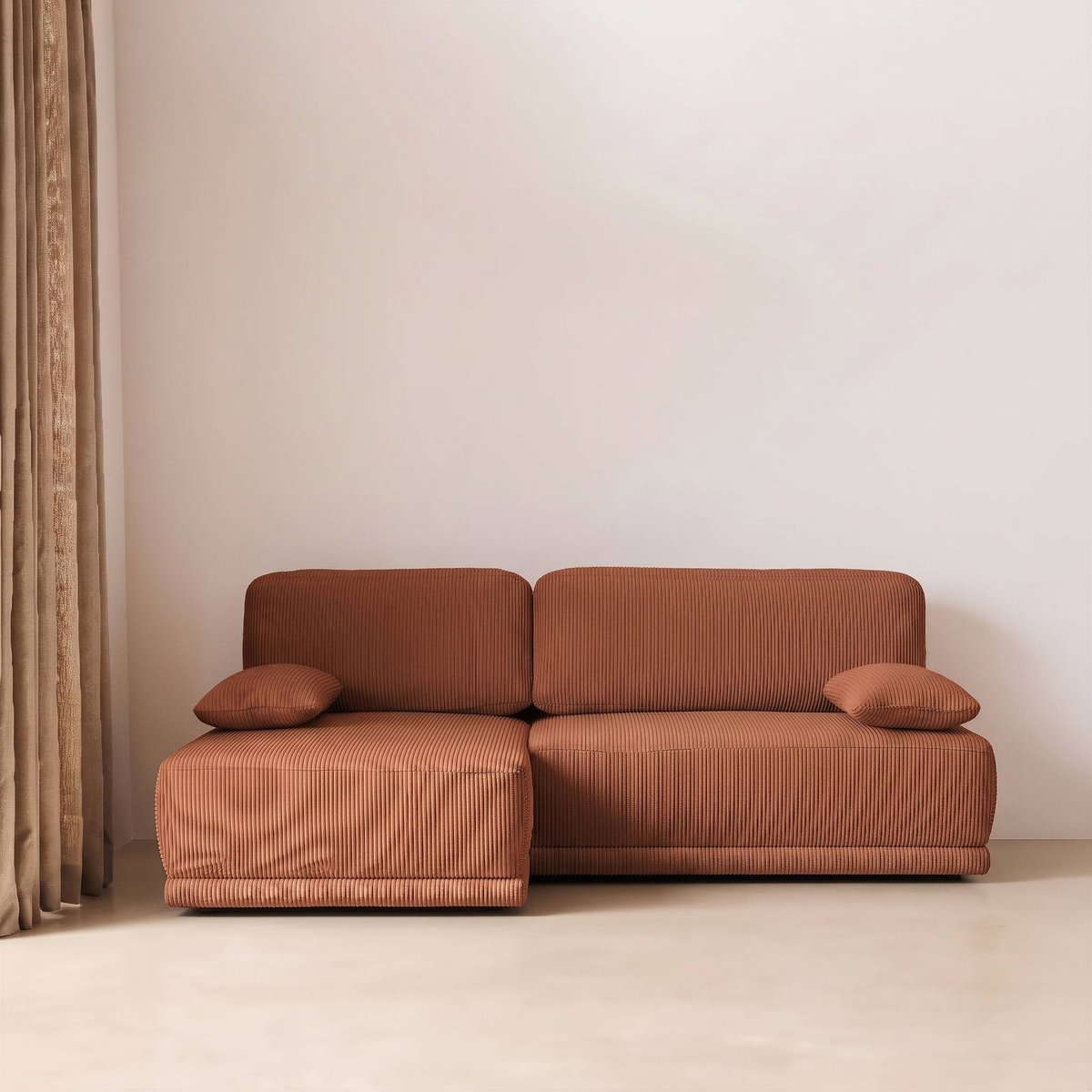 Banquette canapé d'angle gauche convertible 3 places velours côtelé avec coffre NELSON taupe, SWEEEK