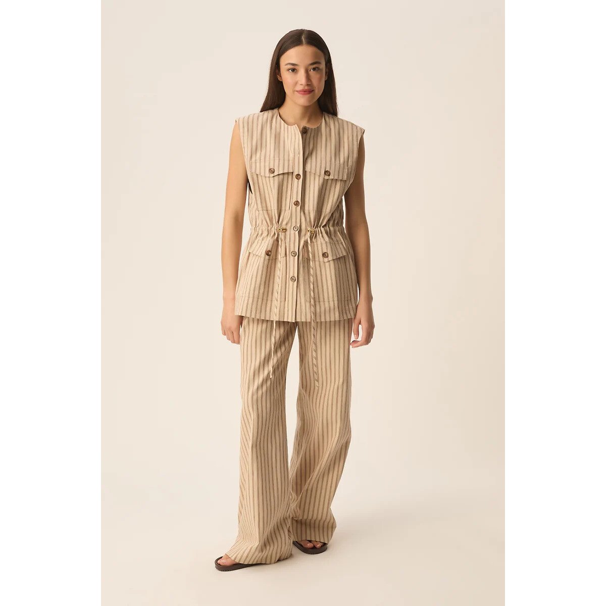 Pantalon large rayé, VALENCE beige, DES PETITS HAUTS