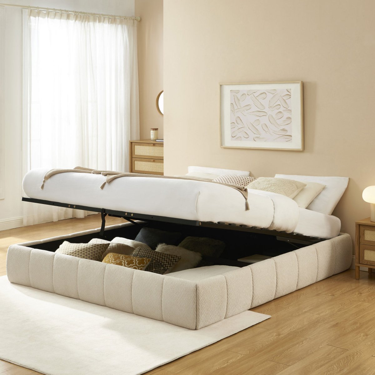 Lit coffre en tissu chenille 180x200cm- ROMEO beige, DRAWER