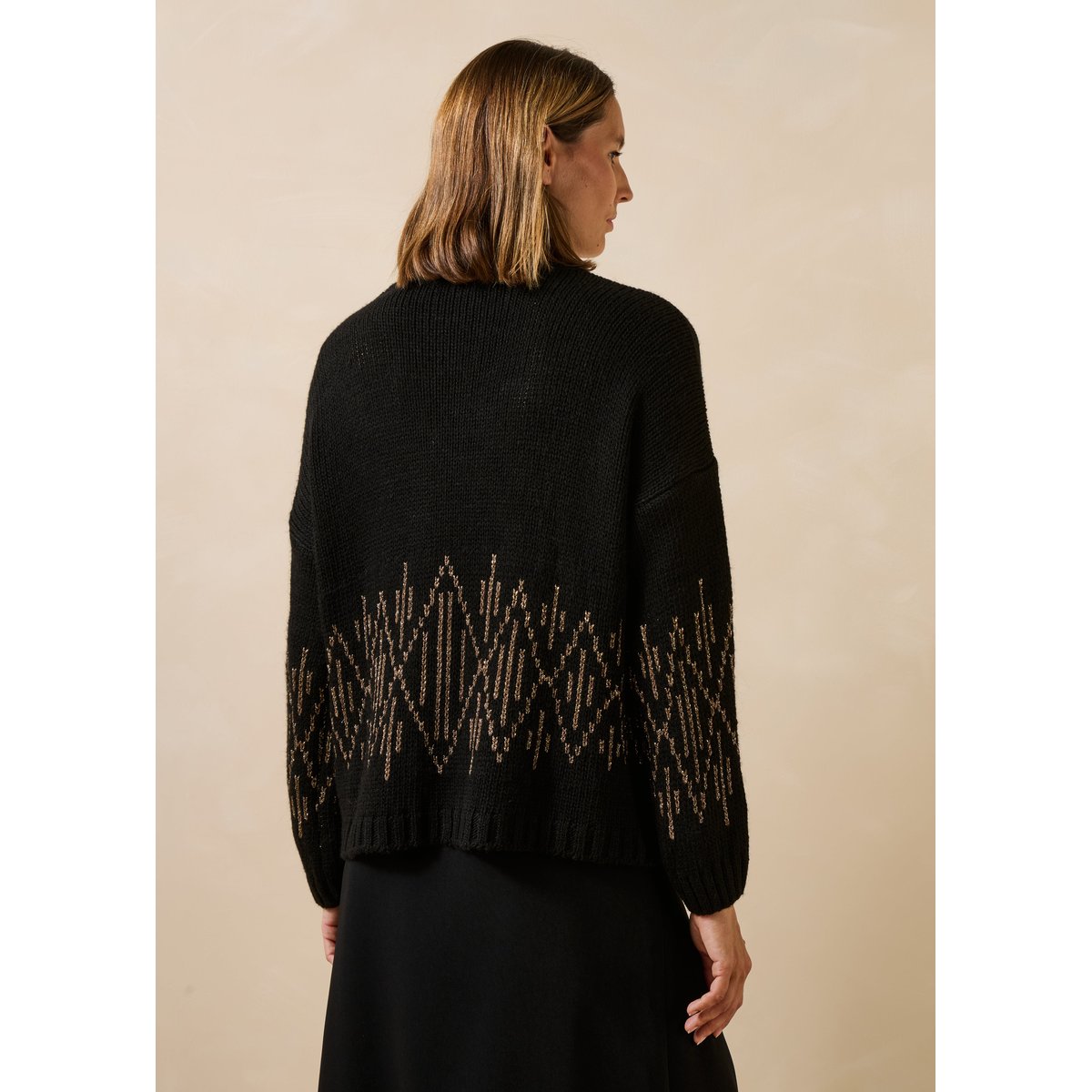 Pull ample manches longues en maille jacquard noir, LA FEE MARABOUTEE