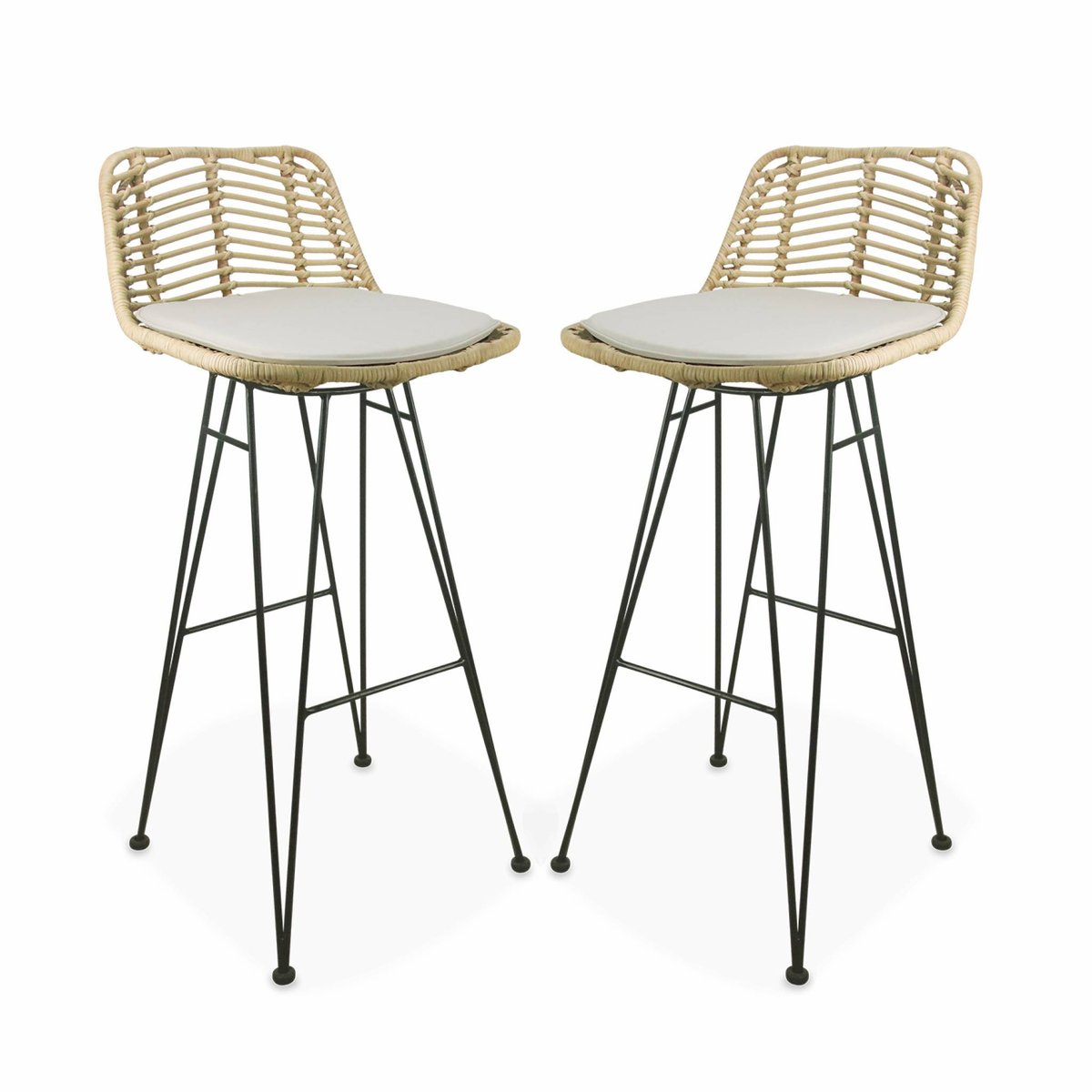 Tabouret de bar métal et rotin 75cm (lot de 2) CAHYA noir, SWEEEK