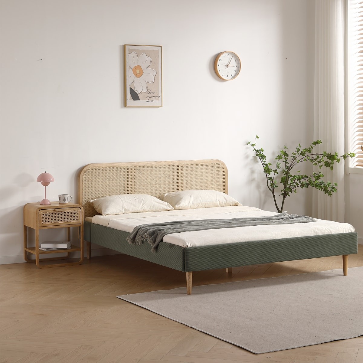 Lit en velours côtelé avec tête de lit en cannage - DALIA vert kaki, HOMIFAB