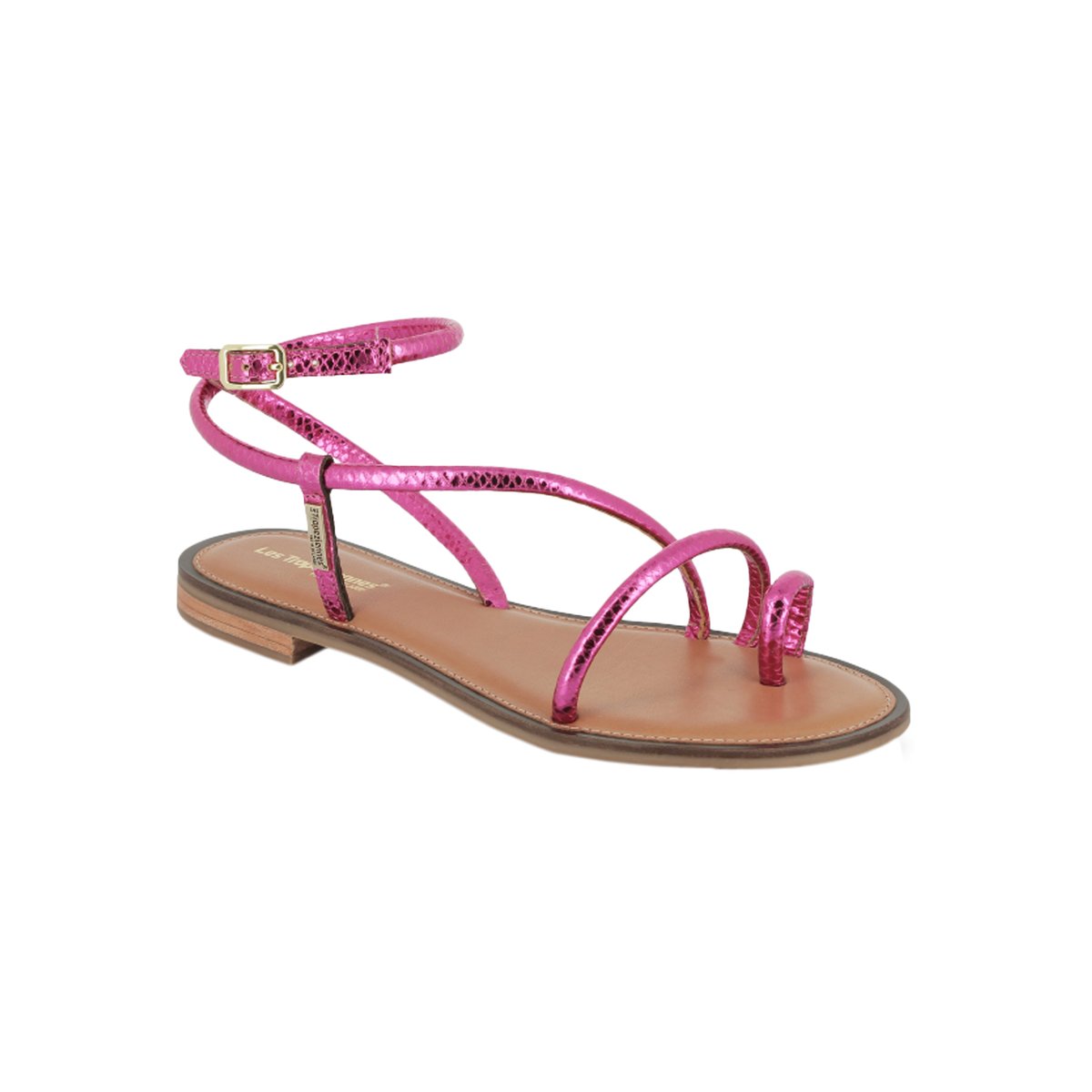 Sandales plates en cuir Hatrio, passe-doigt fuchsia metal, LES TROPEZIENNES PAR M.BELARBI