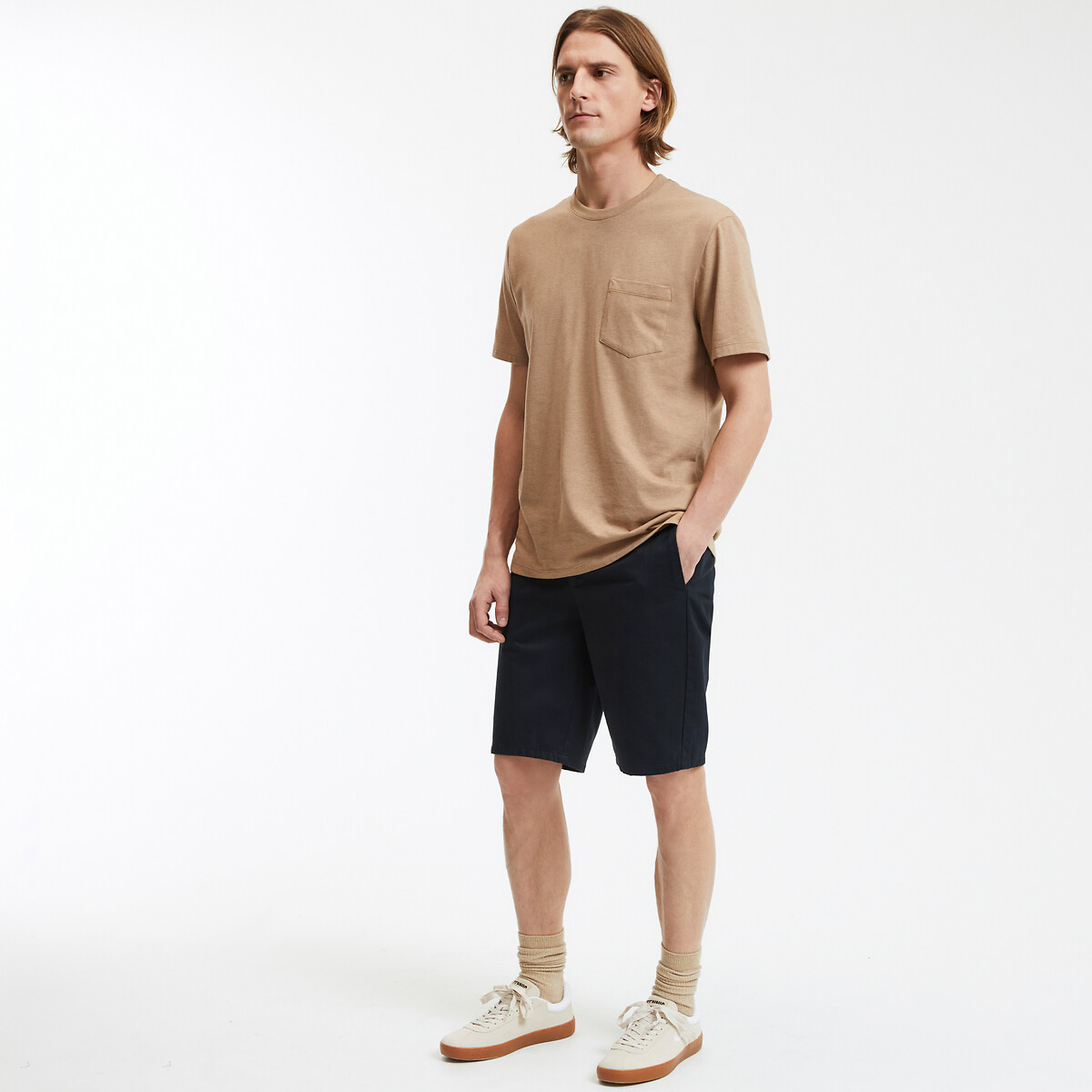 Cotton Blend Pocket T-Shirt with Crew Neck beige marl, LA REDOUTE COLLECTIONS