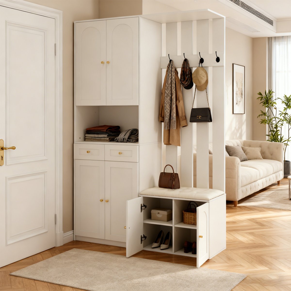 Vestiaire d'entrée avec banc et rangement, PORTER-N blanc, MEUBLES COSY