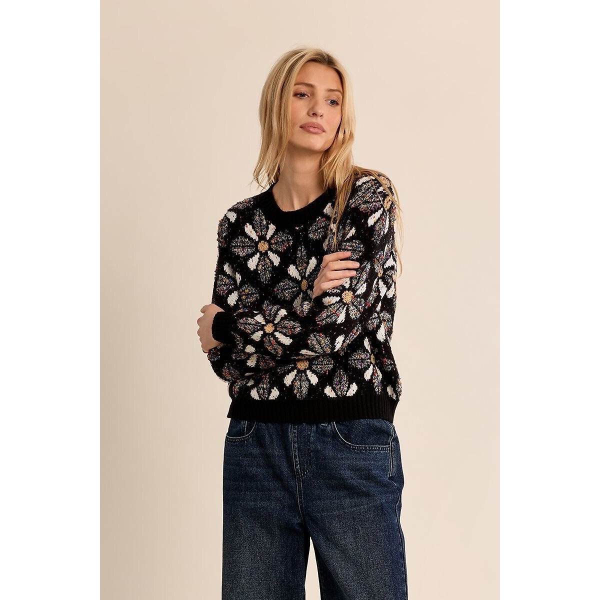 Jersey de cuello redondo, estampado jacquard negro, MOLLY BRACKEN