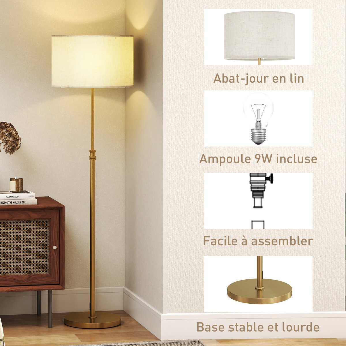 Lampadaire Acier Or jaune, HOMCOM
