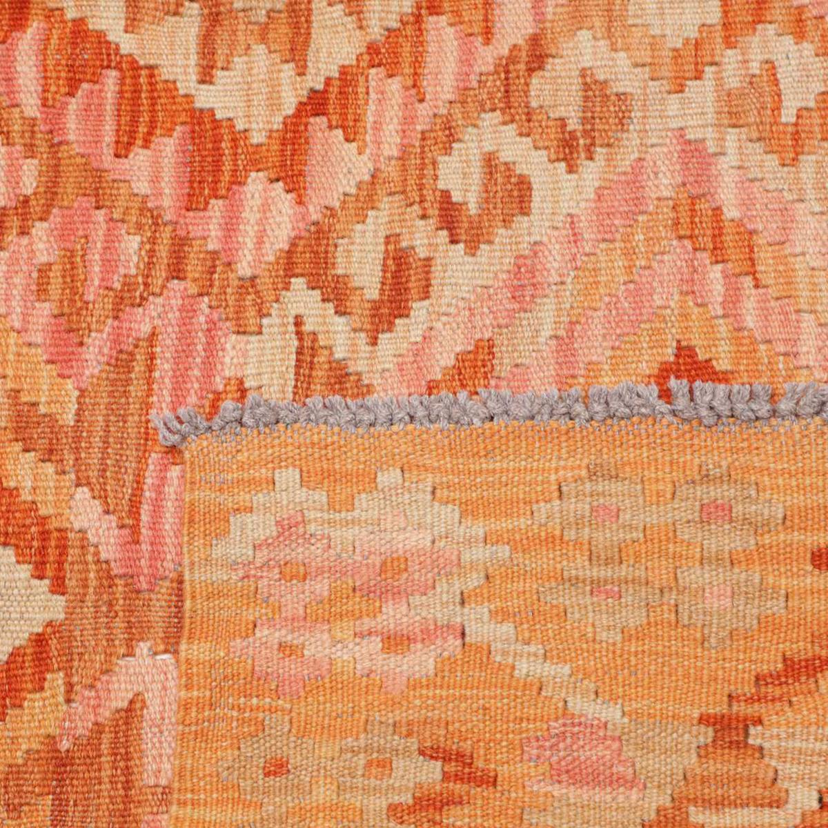 Tapis kilim, motif géométrique, tissé plat en laine, KILIM 37 orange, rose, rouge, UN AMOUR DE TAPIS