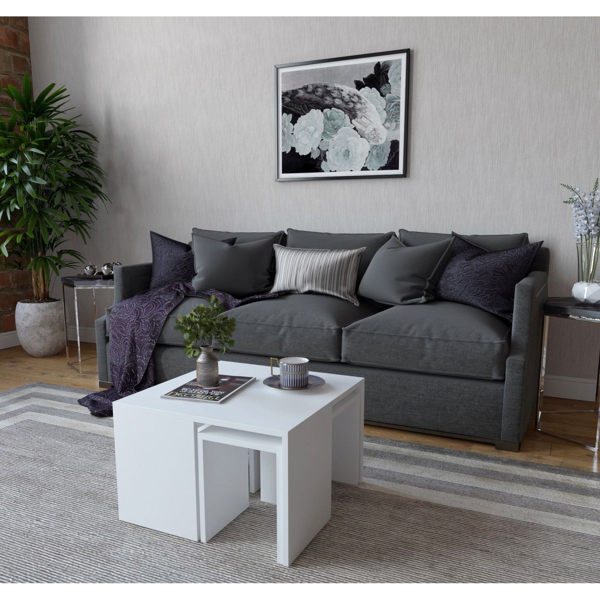 Ensemble table basse et 3 tables d'appoint gigognes ROSKILDE blanc, TOILINUX