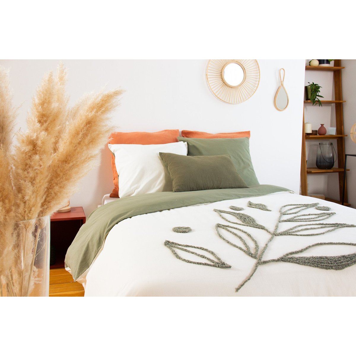 Parure de couette tufte 3pcs coton lave bci herbier blanc, C DESIGN HOME TEXTILE