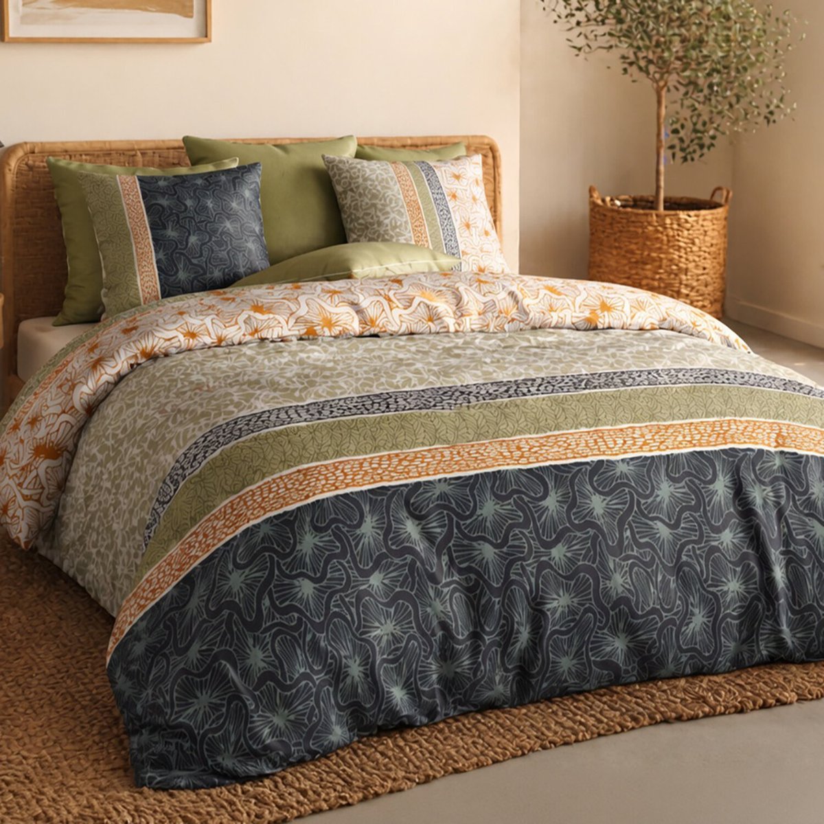 Parure housse de couette en coton imprimée, Bella vert, ATELIER DU COTON