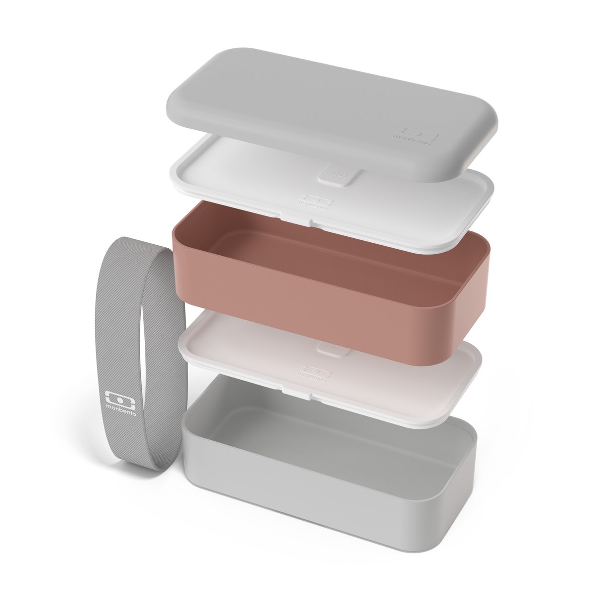 Set repas lunch box 2 étages 1L avec accessoires rose/gris, MONBENTO