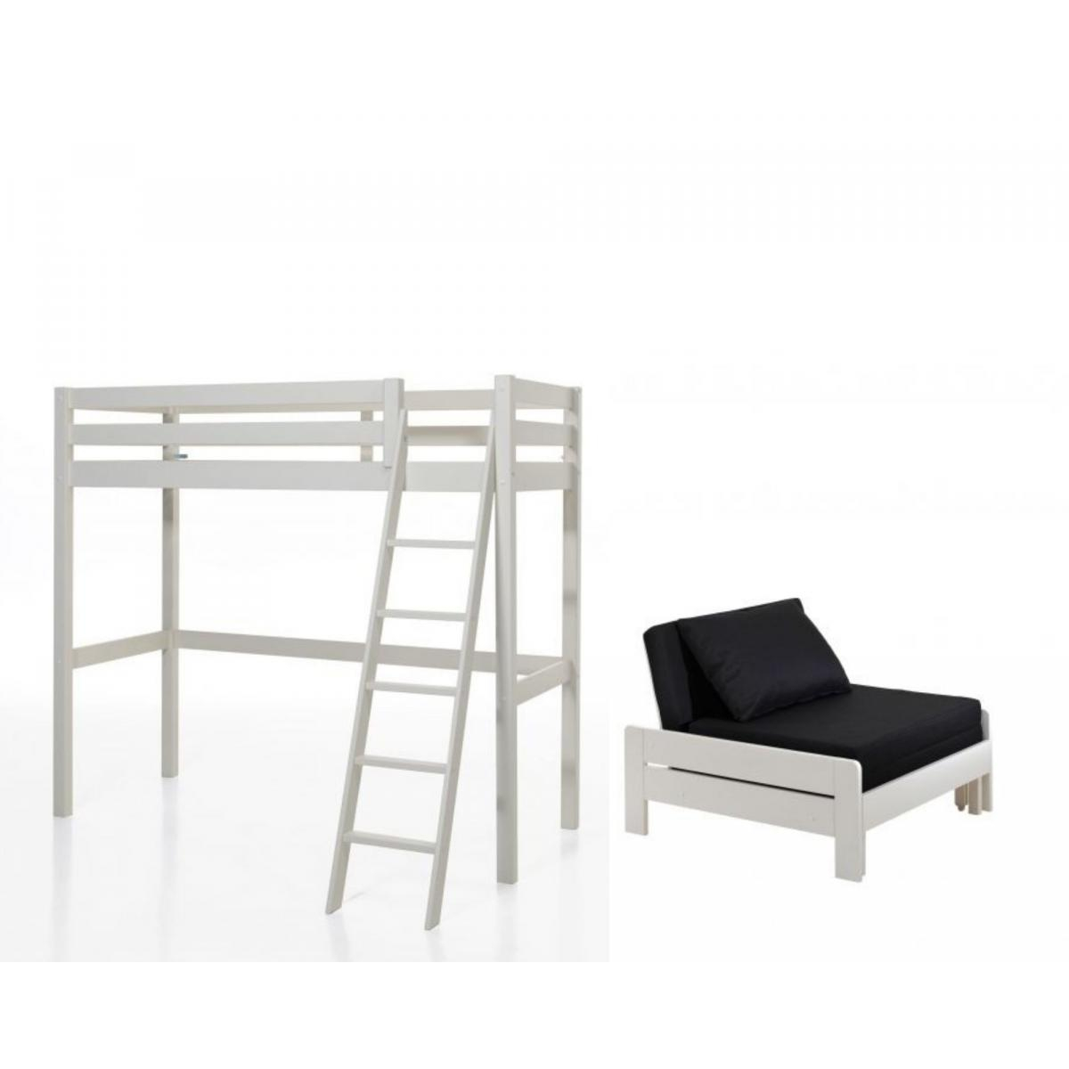 Lit Mezzanine Pino avec Fauteuil Intégré - Design Scandinave blanc, VIPACK