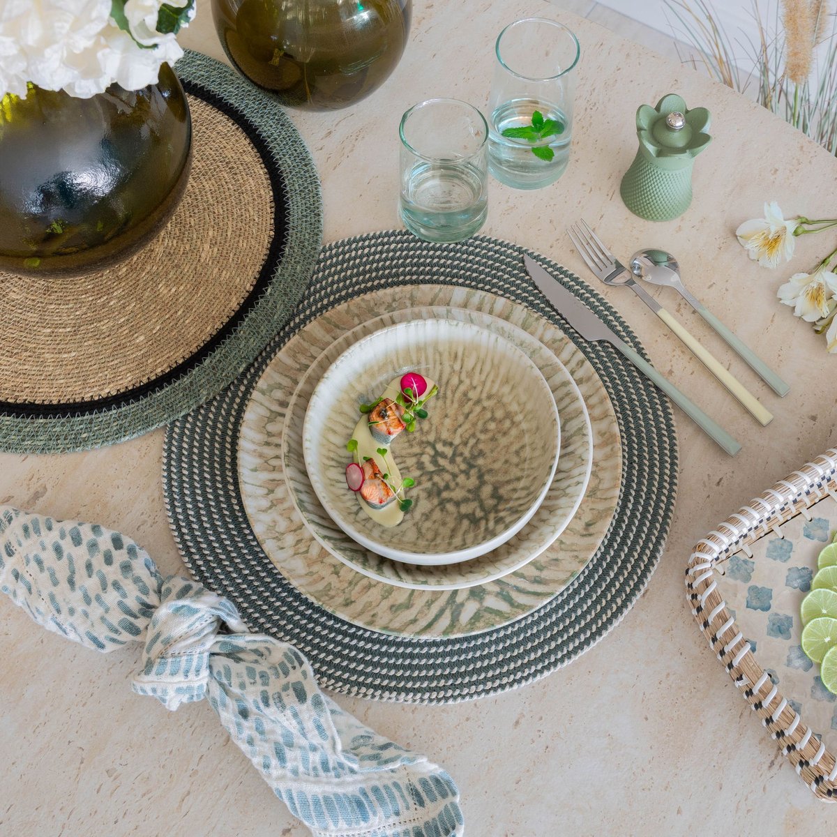 Lot de 6 assiettes creuses en grès 20,5cm, JADE beige-vert, NOVASTYL
