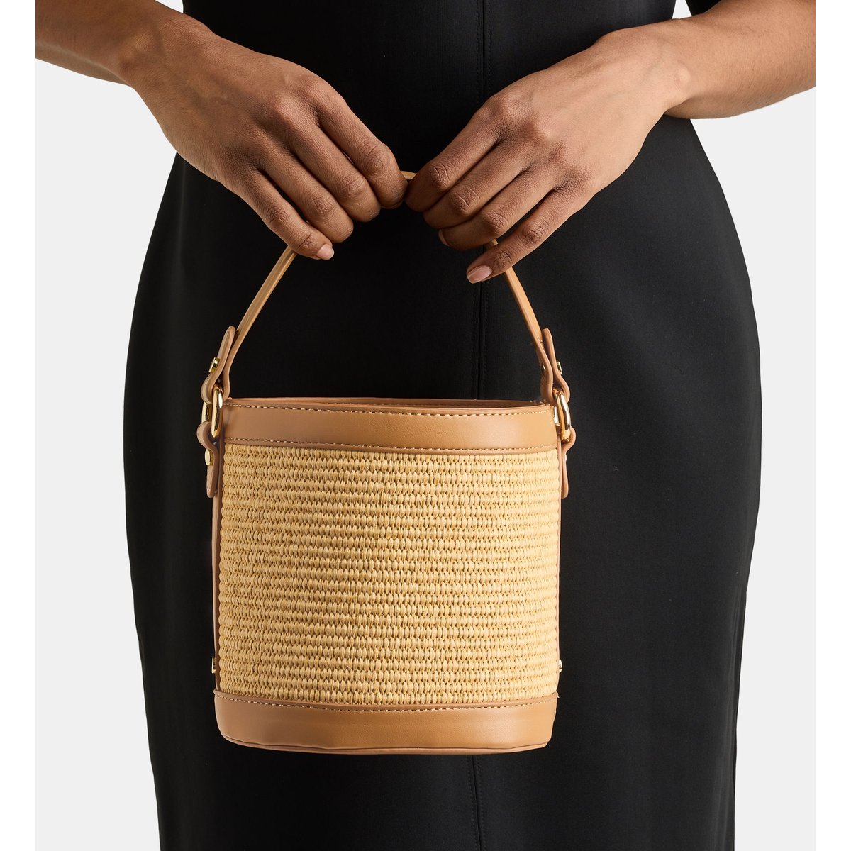 Sac seau panier flavia lisse et paille camel naturel, GALERIES LAFAYETTE