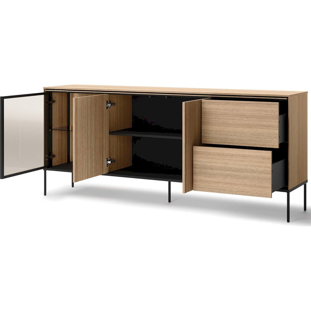 Buffet 3 portes vitrine éclairage LED chêne linéaire et noir, RECOLLECTION
