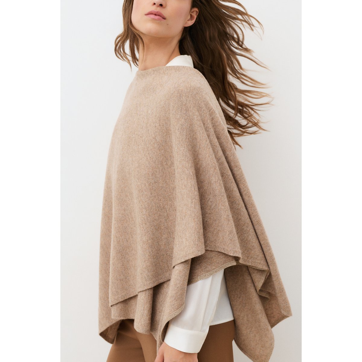 Poncho ample col bateau cachemire HIDRAP marron clair, CAROLL