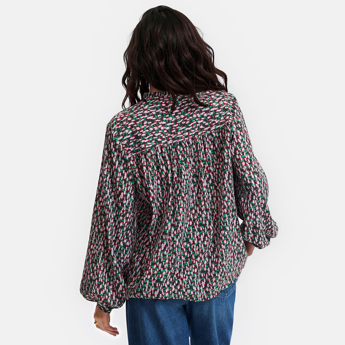 Graphic print viscose ruffled collar blouse print/navy background, LA REDOUTE COLLECTIONS