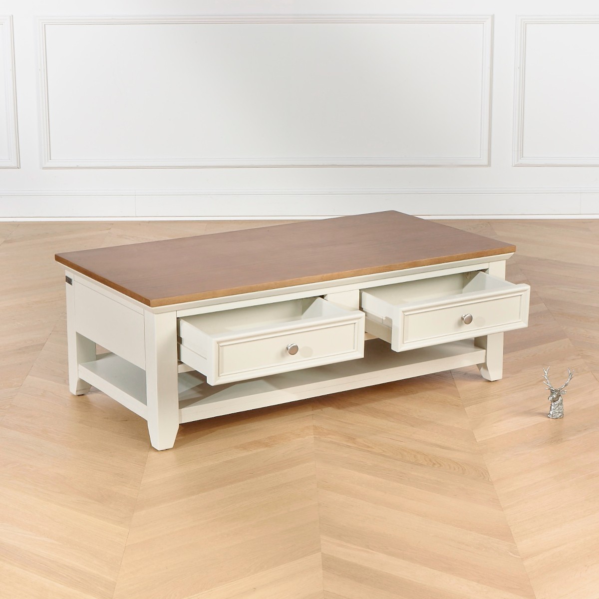 Table basse rectangulaire style contemporain, double plateau, 4 tiroirs ARCHER blanc, ROBIN DES BOIS