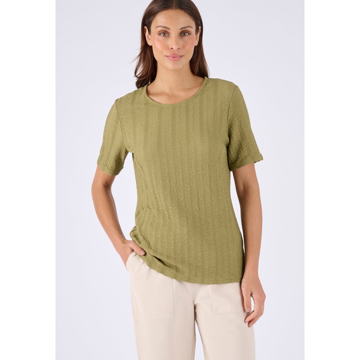 T-shirt maille jacquard effet froissé vert kaki grisé, DAMART