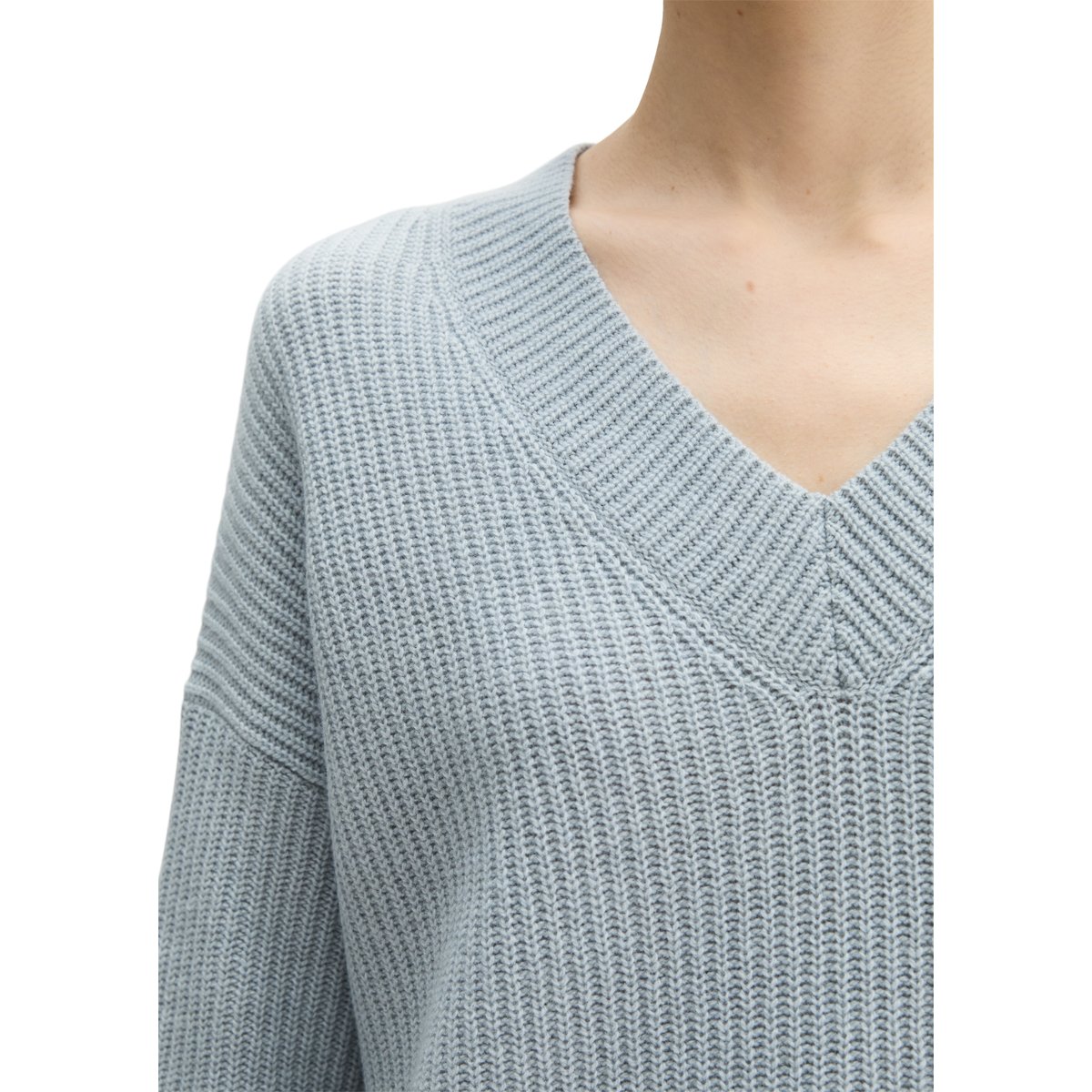 Pull en maille à col en V, coupe ample en mélange de laine vierge douce gris, MARC O'POLO