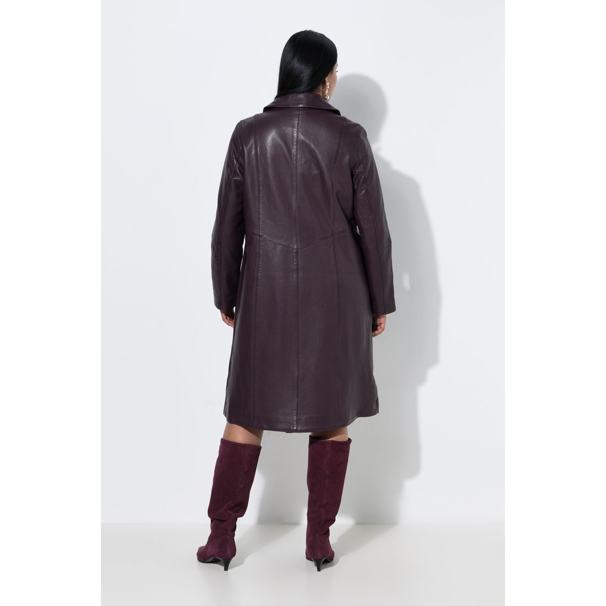Manteau swing en cuir, coupe évasée prune foncé, ULLA POPKEN