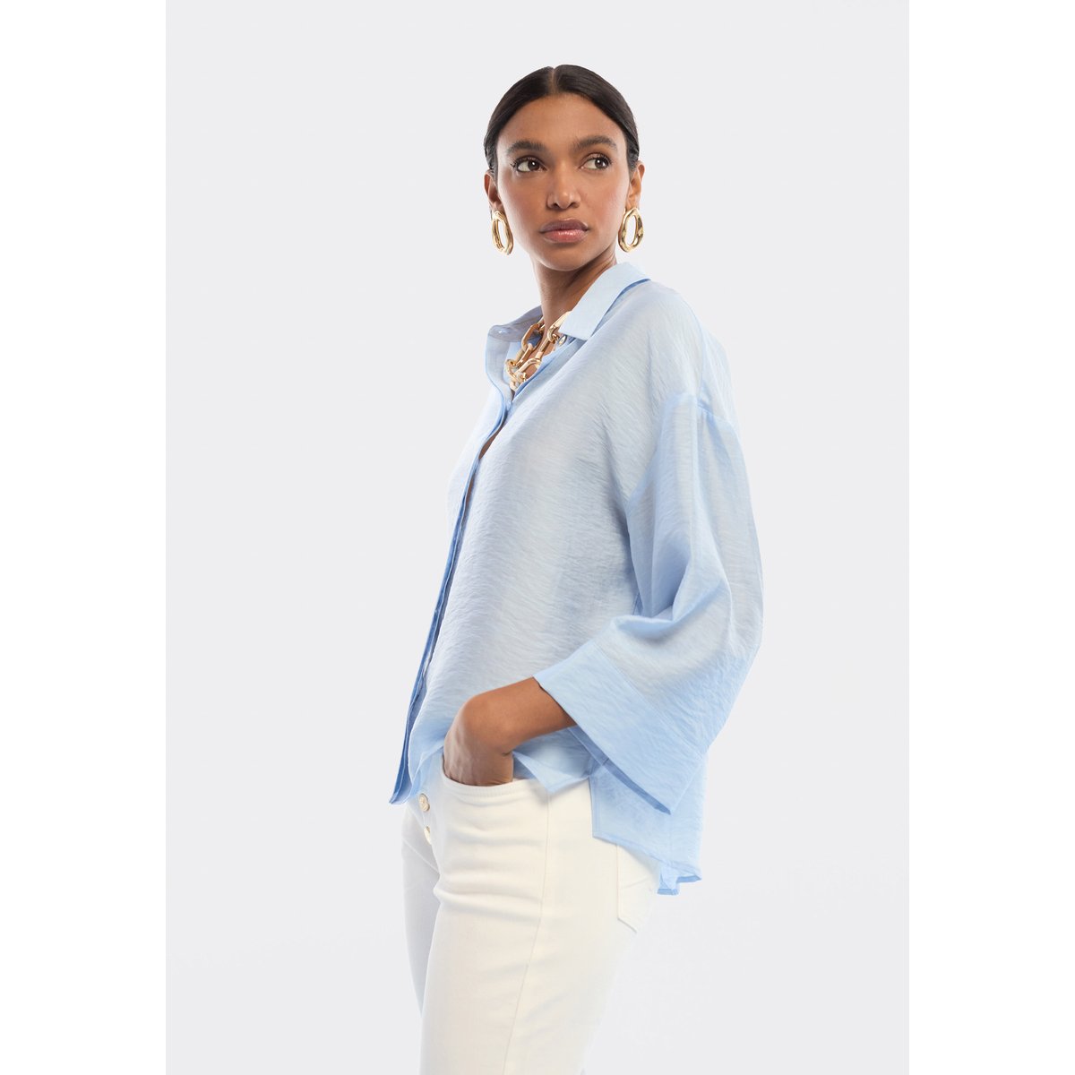 Chemise oversize en lin mélangé bleu clair, LOLA CASADEMUNT