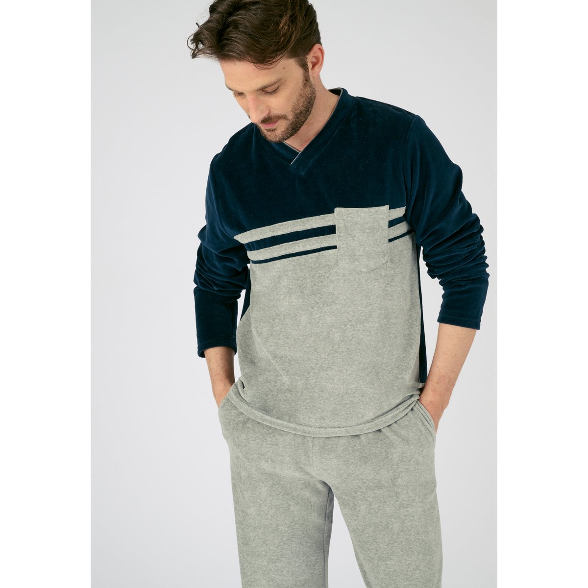 Pyjama velours coton mélangé gris chiné, DAMART