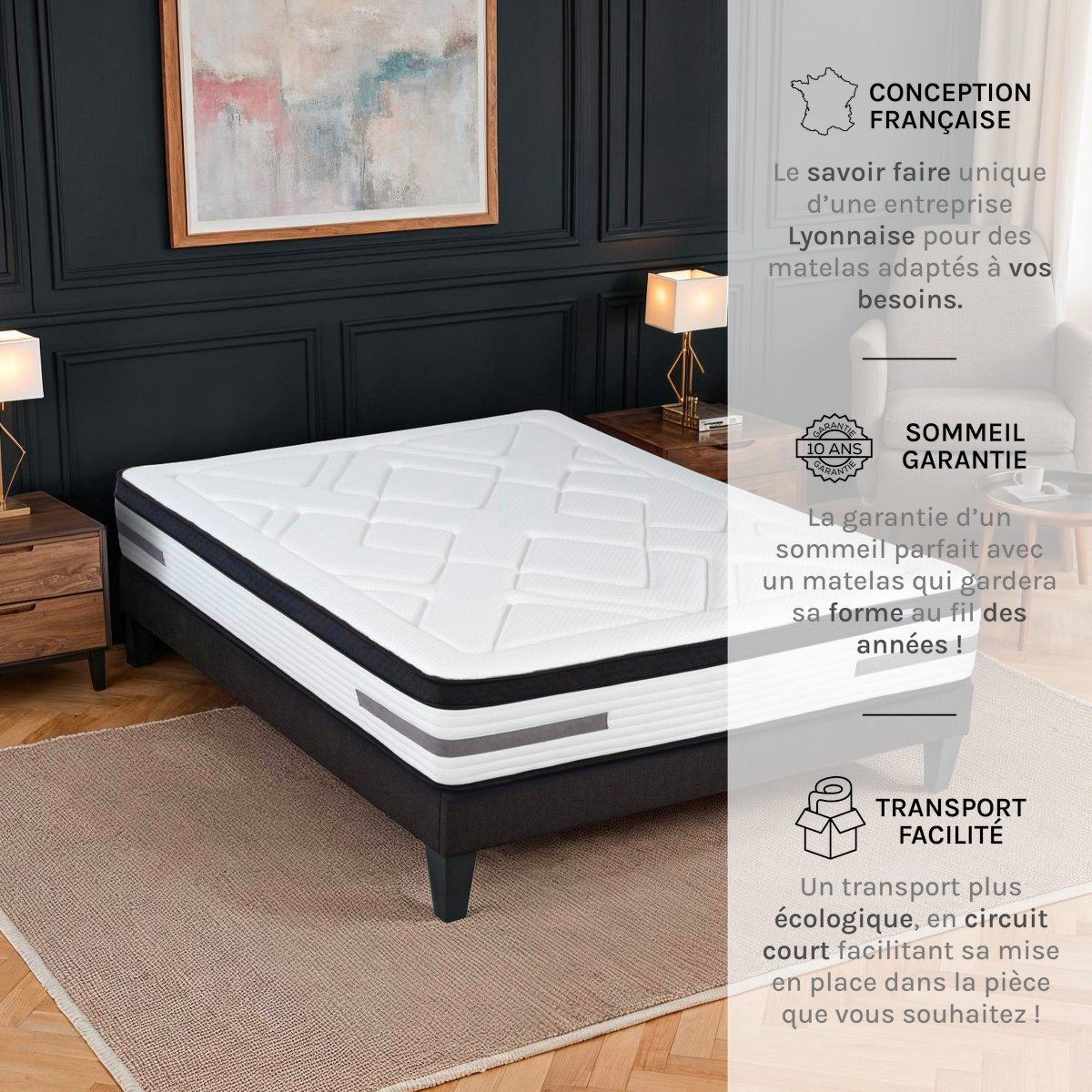 Ensemble Bellevue 90x200 cm Matelas Ressorts ensachés + Sommier Bois blanc, BELLECOUR