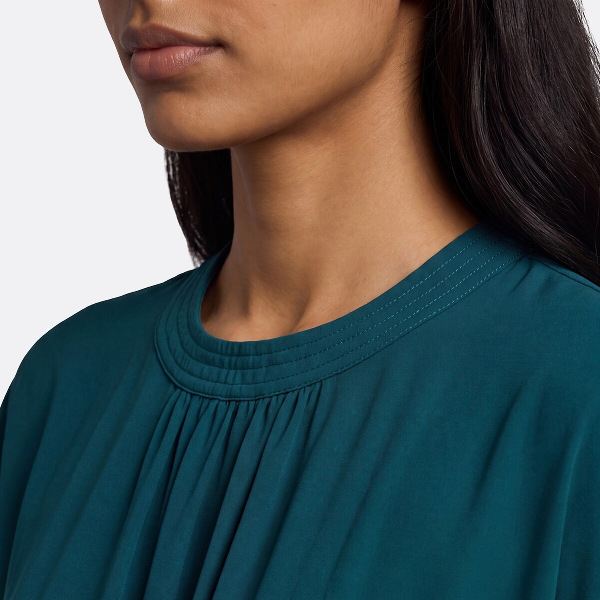 Maxivestido acampanado con cintura elástica fruncida verde oscuro, LA REDOUTE COLLECTIONS
