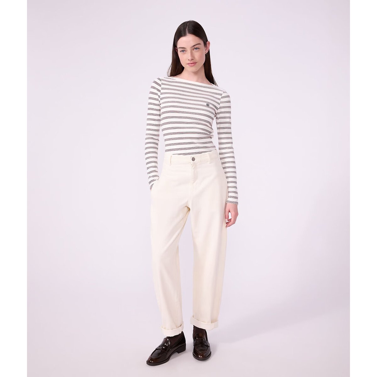 Gestreiftes Shirt Iconique aus Baumwolle mit U-Boot-Ausschnitt weiss/schwarz, PETIT BATEAU
