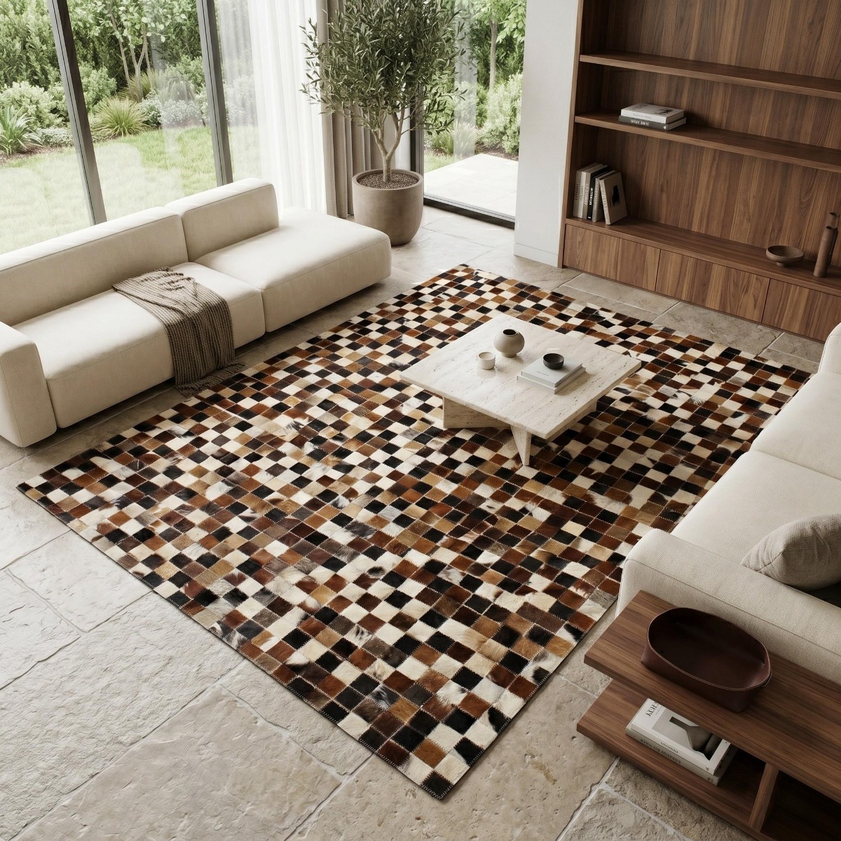 Tapis en cuir recyclé motif damier CUIR damier marron, THE DECO FACTORY