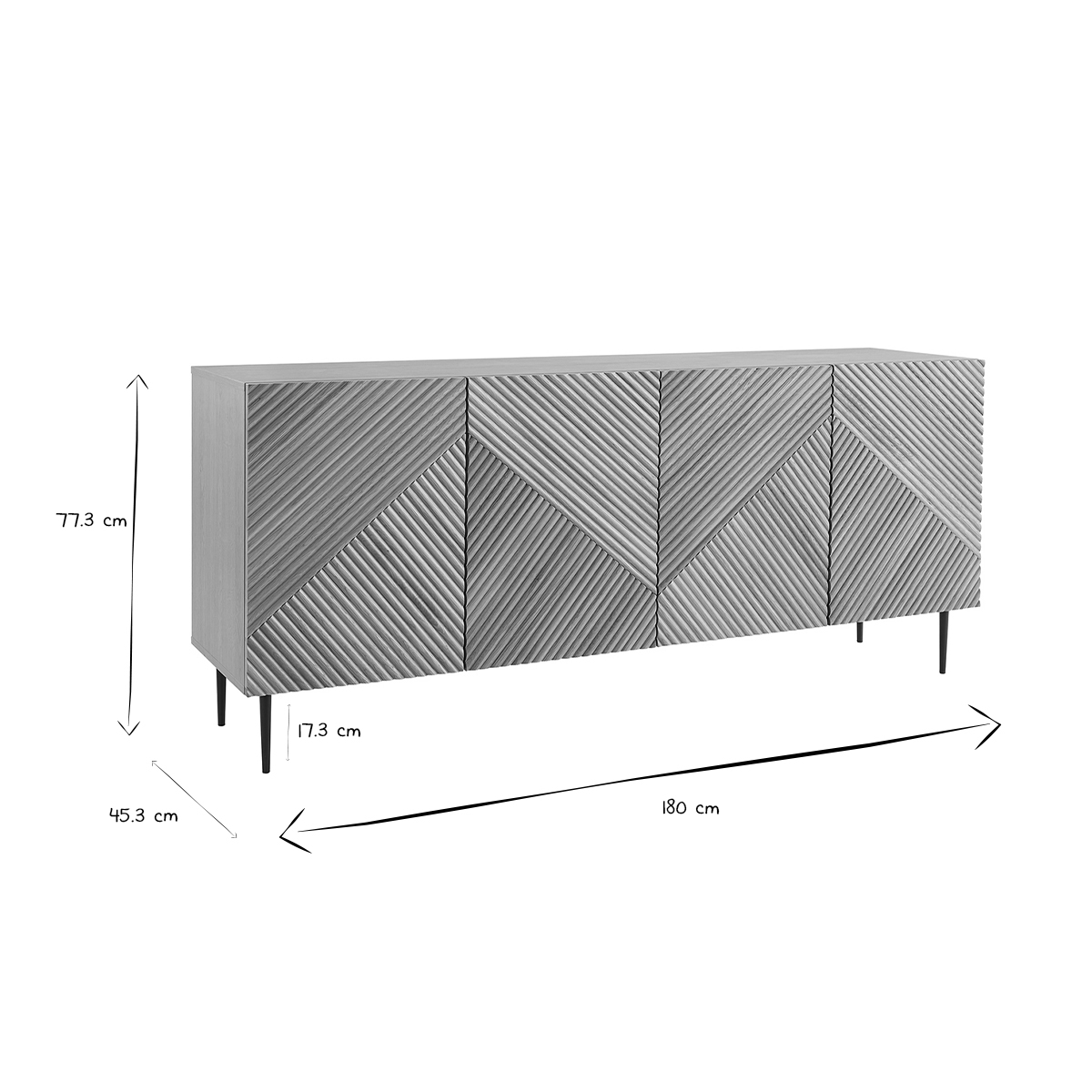 Buffet design en bois chêne massif gravé et métal noir 4 portes L180 cm ARCHIPEL chêne clair, MILIBOO