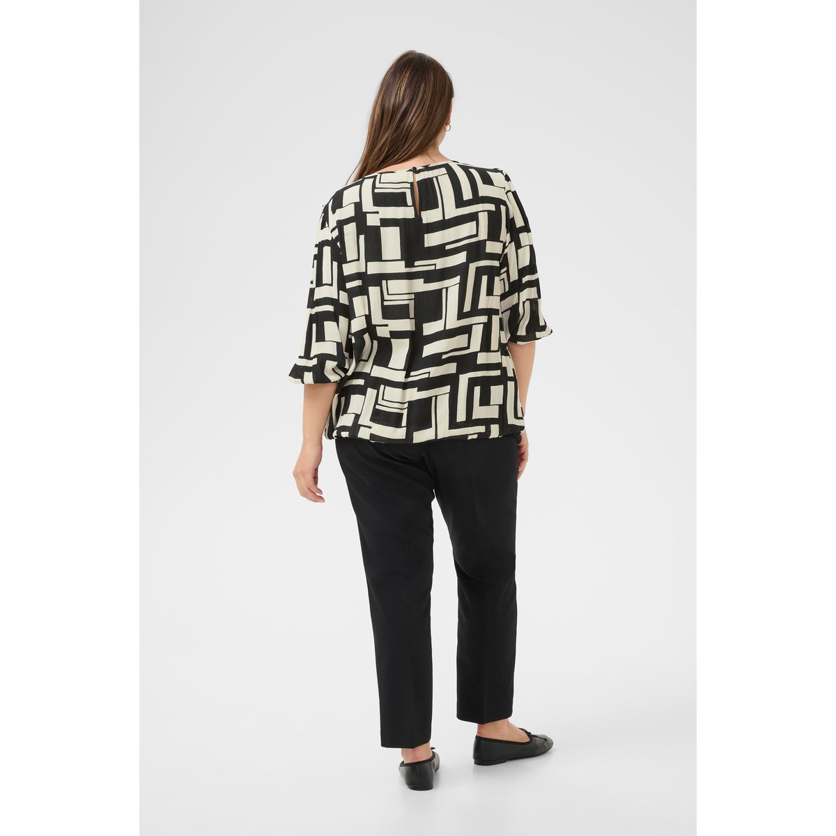Blouse à manches longues noir/blanc graphique, KAFFE CURVE