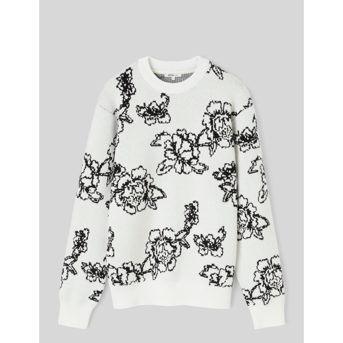 Pull jacquard fleurs blanc écru, BZB