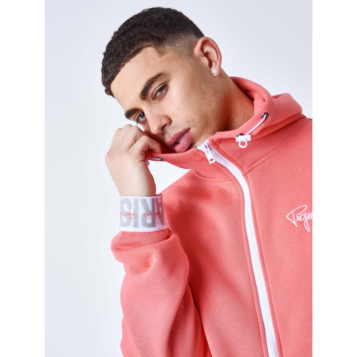 Sweat à Capuche zippé Bande élastique logotée rose corail, PROJECT X