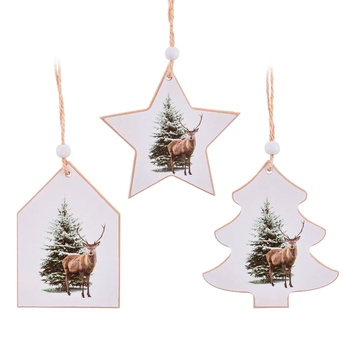 Décoration sapin de noël en bois cerf et sapin - Set de 3 blanc, WADIGA